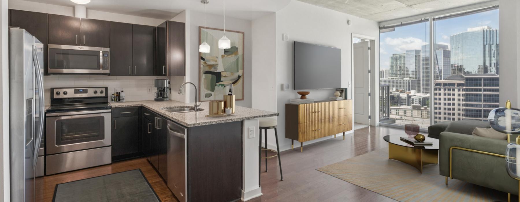 a kitchen with a large window